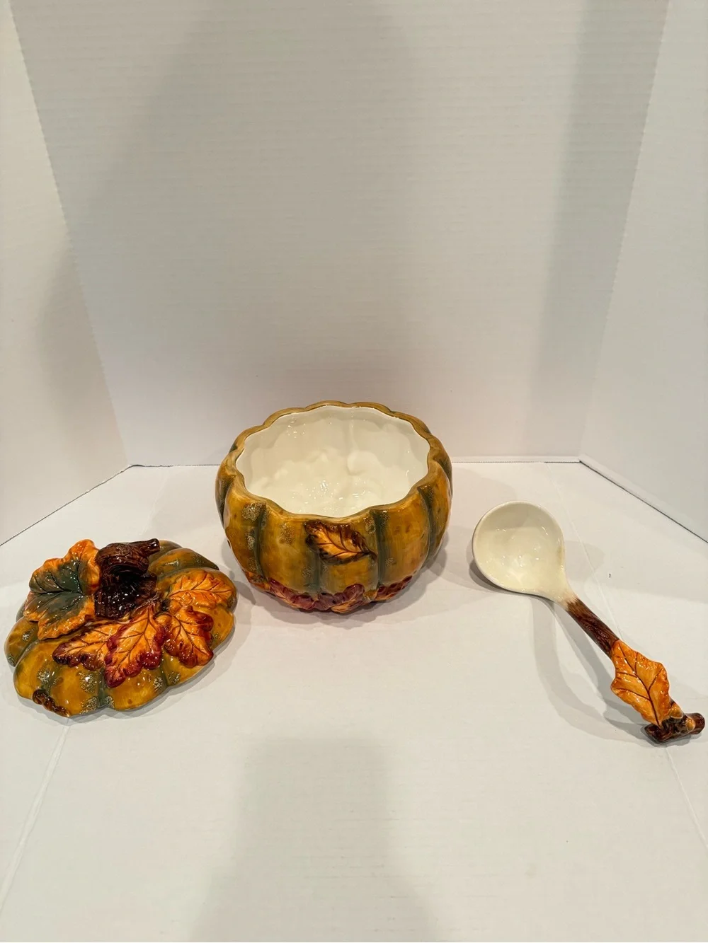 Baum Bros. Pumpkin Soup Tureen in Yellow and Green with Matching Ladle